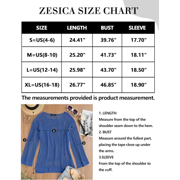 imageZESICA Womens 2024 Summer Crochet Hollow Out Long Sleeve Beach Bikini Swimsuit Mesh Cover Up Tunic TopBlue
