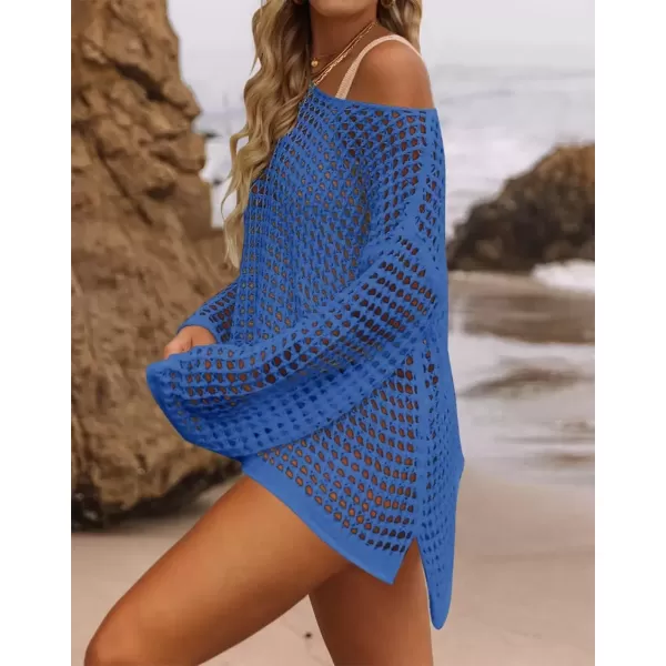imageZESICA Womens 2024 Summer Crochet Hollow Out Long Sleeve Beach Bikini Swimsuit Mesh Cover Up Tunic TopBlue