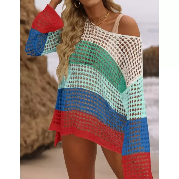 imageZESICA Womens 2024 Summer Crochet Hollow Out Long Sleeve Beach Bikini Swimsuit Mesh Cover Up Tunic TopBluegreen
