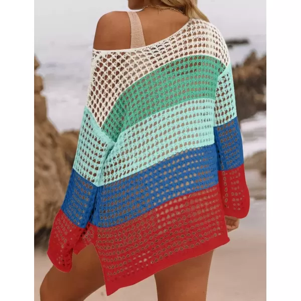 imageZESICA Womens 2024 Summer Crochet Hollow Out Long Sleeve Beach Bikini Swimsuit Mesh Cover Up Tunic TopBluegreen