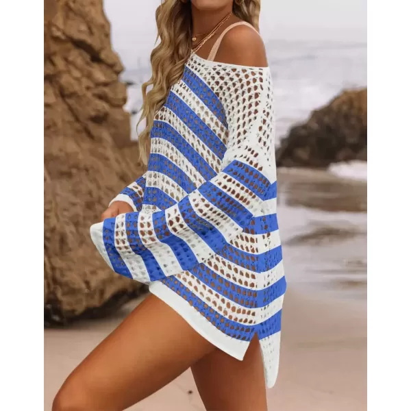 imageZESICA Womens 2024 Summer Crochet Hollow Out Long Sleeve Beach Bikini Swimsuit Mesh Cover Up Tunic TopCobalt