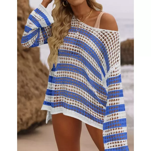 imageZESICA Womens 2024 Summer Crochet Hollow Out Long Sleeve Beach Bikini Swimsuit Mesh Cover Up Tunic TopCobalt