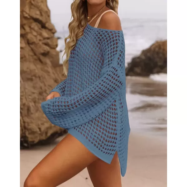 imageZESICA Womens 2024 Summer Crochet Hollow Out Long Sleeve Beach Bikini Swimsuit Mesh Cover Up Tunic TopDustyblue