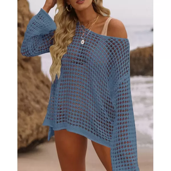 imageZESICA Womens 2024 Summer Crochet Hollow Out Long Sleeve Beach Bikini Swimsuit Mesh Cover Up Tunic TopDustyblue