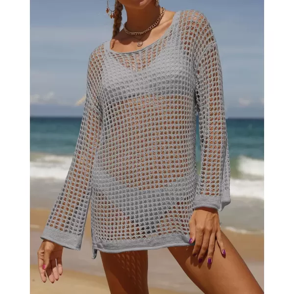 imageZESICA Womens 2024 Summer Crochet Hollow Out Long Sleeve Beach Bikini Swimsuit Mesh Cover Up Tunic TopGrey