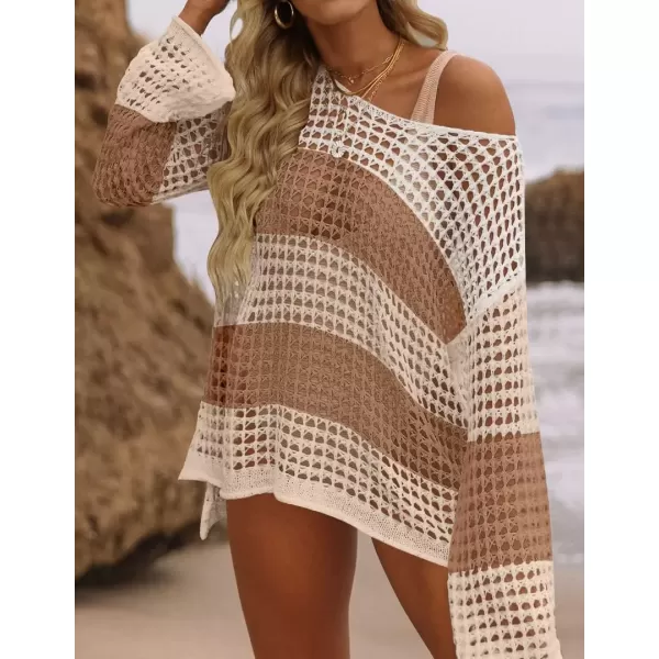 imageZESICA Womens 2024 Summer Crochet Hollow Out Long Sleeve Beach Bikini Swimsuit Mesh Cover Up Tunic TopKhaki