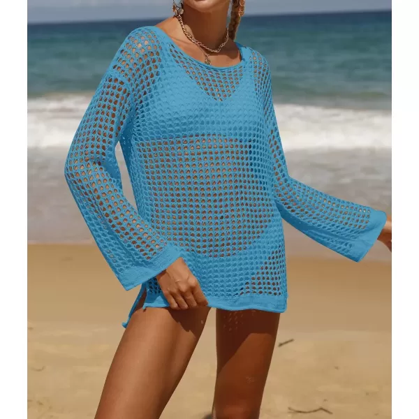 imageZESICA Womens 2024 Summer Crochet Hollow Out Long Sleeve Beach Bikini Swimsuit Mesh Cover Up Tunic TopLakeblue