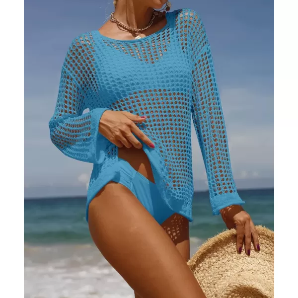 imageZESICA Womens 2024 Summer Crochet Hollow Out Long Sleeve Beach Bikini Swimsuit Mesh Cover Up Tunic TopLakeblue