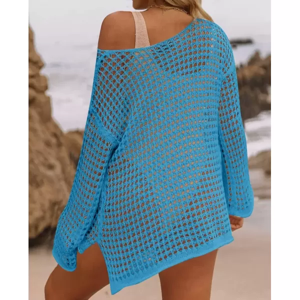 imageZESICA Womens 2024 Summer Crochet Hollow Out Long Sleeve Beach Bikini Swimsuit Mesh Cover Up Tunic TopLakeblue