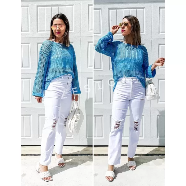 imageZESICA Womens 2024 Summer Crochet Hollow Out Long Sleeve Beach Bikini Swimsuit Mesh Cover Up Tunic TopLakeblue