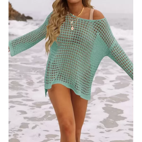 imageZESICA Womens 2024 Summer Crochet Hollow Out Long Sleeve Beach Bikini Swimsuit Mesh Cover Up Tunic TopMint