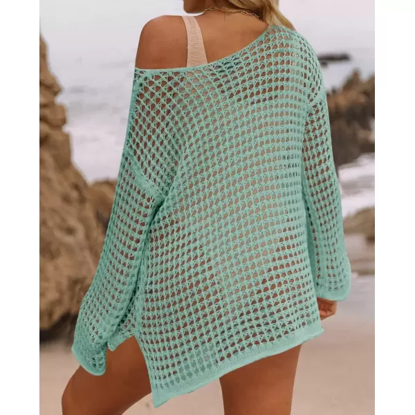 imageZESICA Womens 2024 Summer Crochet Hollow Out Long Sleeve Beach Bikini Swimsuit Mesh Cover Up Tunic TopMint
