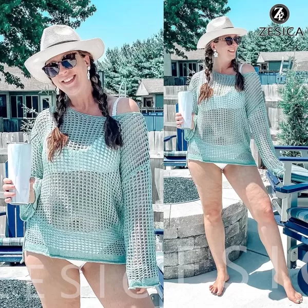 imageZESICA Womens 2024 Summer Crochet Hollow Out Long Sleeve Beach Bikini Swimsuit Mesh Cover Up Tunic TopMint