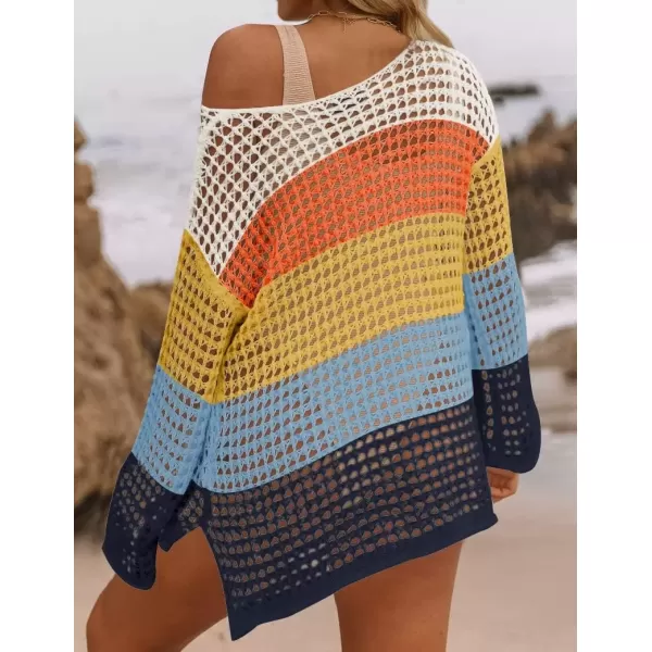 imageZESICA Womens 2024 Summer Crochet Hollow Out Long Sleeve Beach Bikini Swimsuit Mesh Cover Up Tunic TopNavy