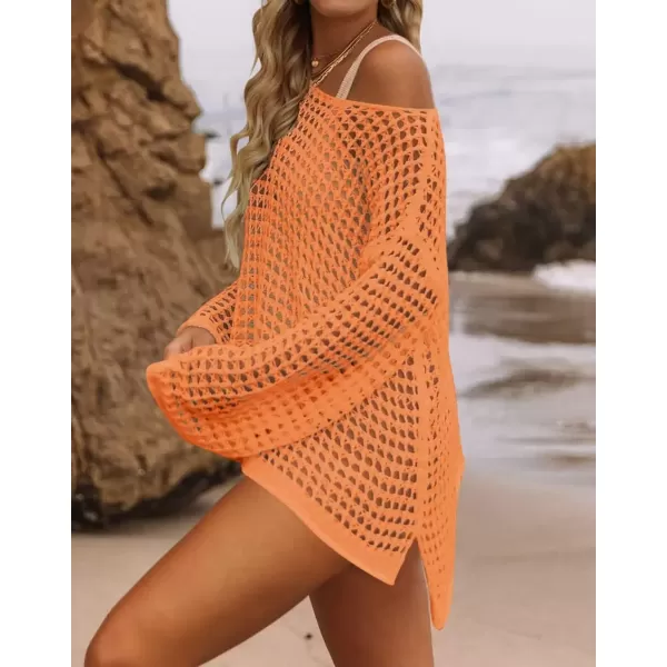 imageZESICA Womens 2024 Summer Crochet Hollow Out Long Sleeve Beach Bikini Swimsuit Mesh Cover Up Tunic TopOrange