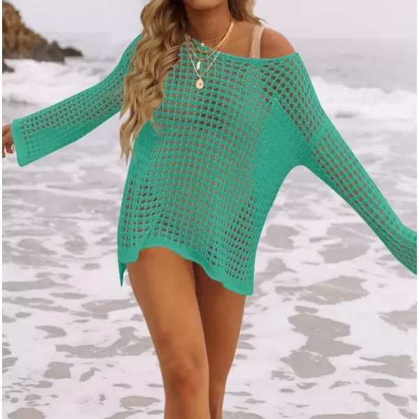 imageZESICA Womens 2024 Summer Crochet Hollow Out Long Sleeve Beach Bikini Swimsuit Mesh Cover Up Tunic TopPeacock