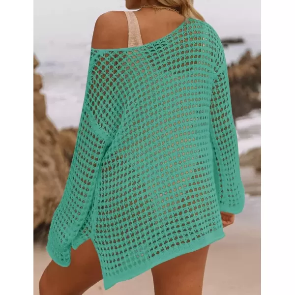 imageZESICA Womens 2024 Summer Crochet Hollow Out Long Sleeve Beach Bikini Swimsuit Mesh Cover Up Tunic TopPeacock