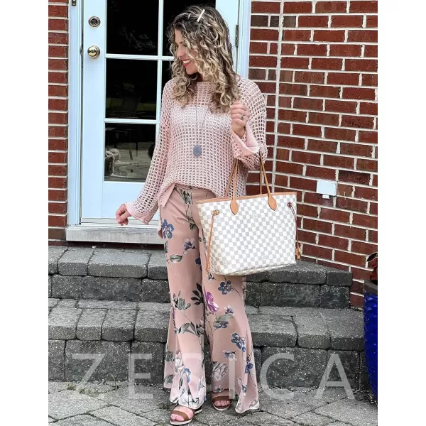 imageZESICA Womens 2024 Summer Crochet Hollow Out Long Sleeve Beach Bikini Swimsuit Mesh Cover Up Tunic TopPink
