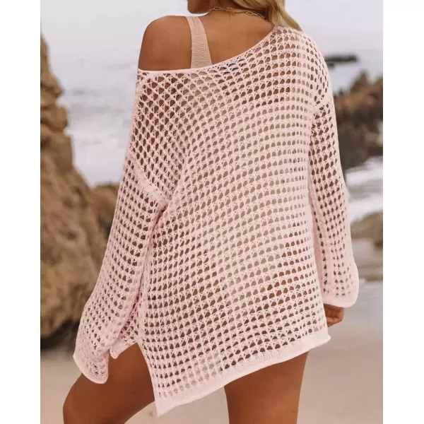 imageZESICA Womens 2024 Summer Crochet Hollow Out Long Sleeve Beach Bikini Swimsuit Mesh Cover Up Tunic TopPink