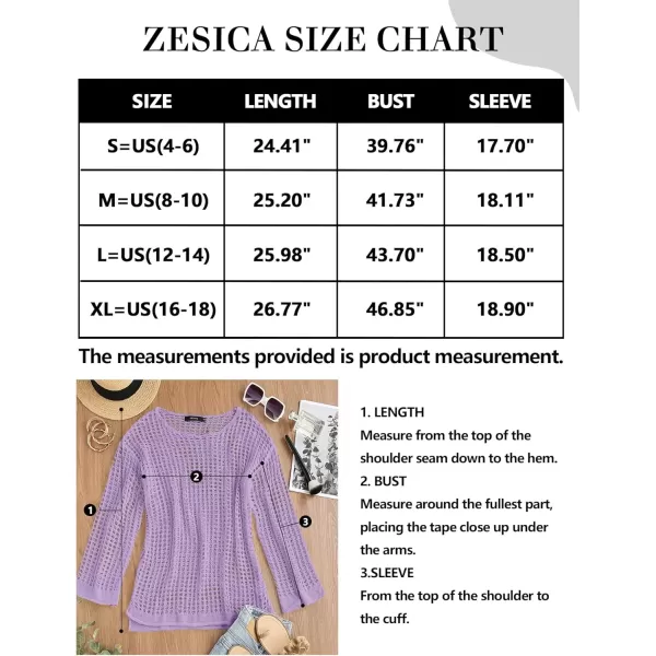 imageZESICA Womens 2024 Summer Crochet Hollow Out Long Sleeve Beach Bikini Swimsuit Mesh Cover Up Tunic TopPurple