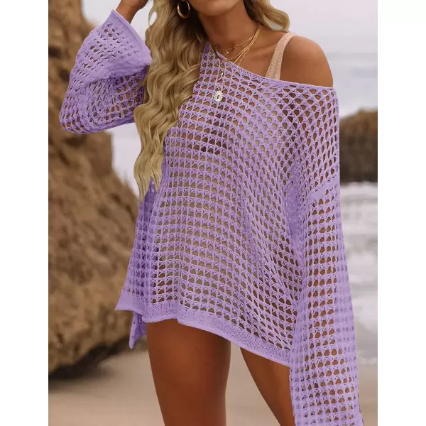 imageZESICA Womens 2024 Summer Crochet Hollow Out Long Sleeve Beach Bikini Swimsuit Mesh Cover Up Tunic TopPurple