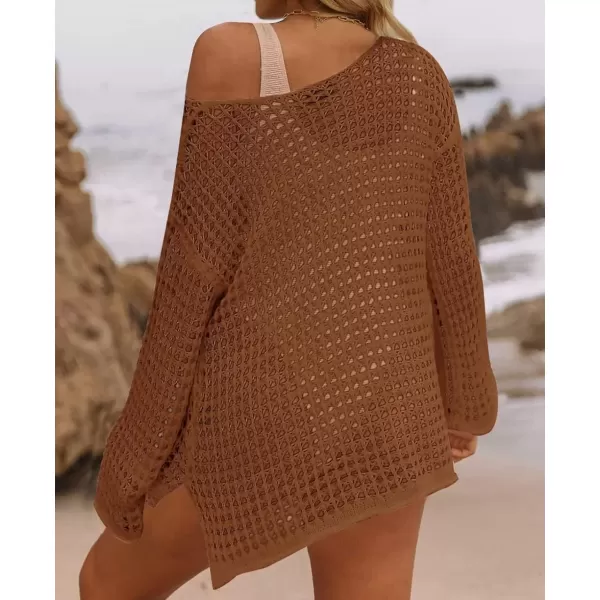 imageZESICA Womens 2024 Summer Crochet Hollow Out Long Sleeve Beach Bikini Swimsuit Mesh Cover Up Tunic TopRedbrown