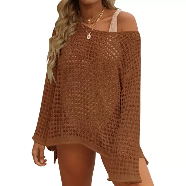 imageZESICA Womens 2024 Summer Crochet Hollow Out Long Sleeve Beach Bikini Swimsuit Mesh Cover Up Tunic TopRedbrown