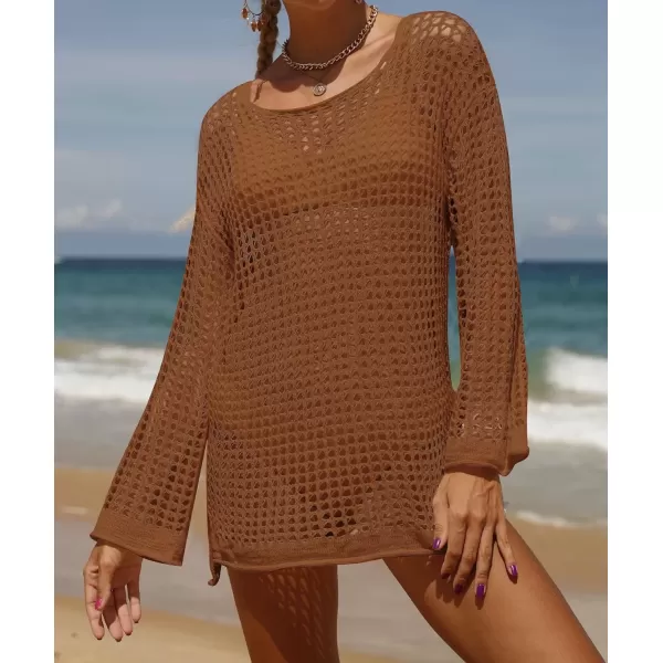 imageZESICA Womens 2024 Summer Crochet Hollow Out Long Sleeve Beach Bikini Swimsuit Mesh Cover Up Tunic TopRedbrown
