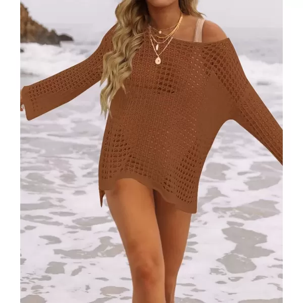 imageZESICA Womens 2024 Summer Crochet Hollow Out Long Sleeve Beach Bikini Swimsuit Mesh Cover Up Tunic TopRedbrown