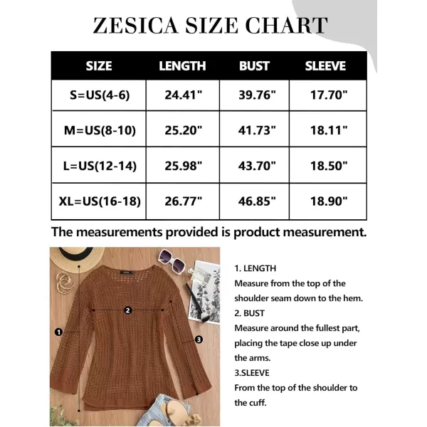 imageZESICA Womens 2024 Summer Crochet Hollow Out Long Sleeve Beach Bikini Swimsuit Mesh Cover Up Tunic TopRedbrown