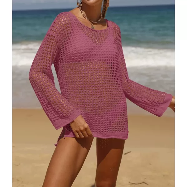 imageZESICA Womens 2024 Summer Crochet Hollow Out Long Sleeve Beach Bikini Swimsuit Mesh Cover Up Tunic TopRose