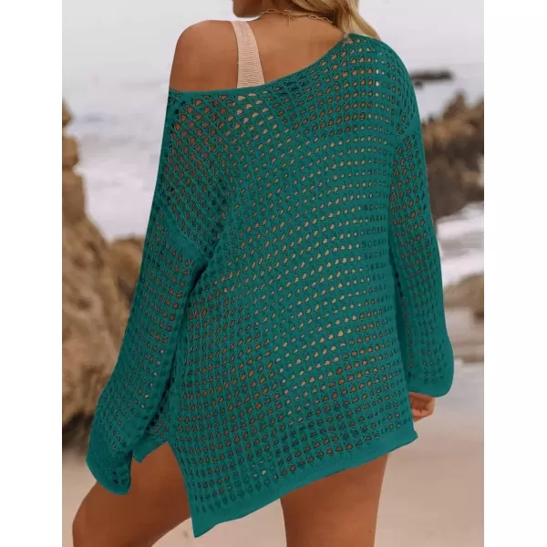 imageZESICA Womens 2024 Summer Crochet Hollow Out Long Sleeve Beach Bikini Swimsuit Mesh Cover Up Tunic TopTeal