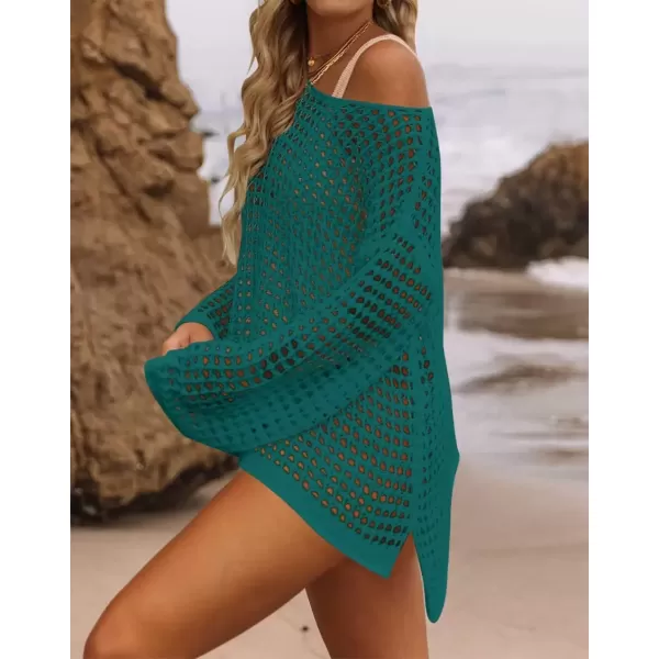 imageZESICA Womens 2024 Summer Crochet Hollow Out Long Sleeve Beach Bikini Swimsuit Mesh Cover Up Tunic TopTeal