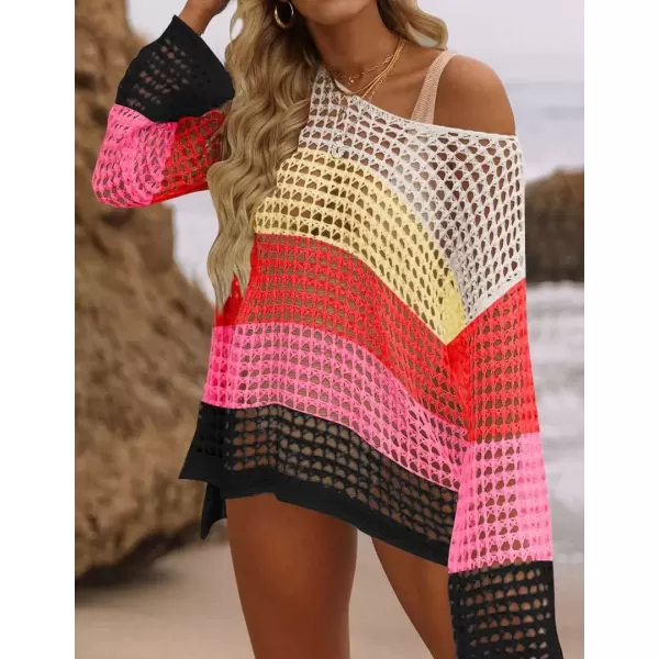 imageZESICA Womens 2024 Summer Crochet Hollow Out Long Sleeve Beach Bikini Swimsuit Mesh Cover Up Tunic TopWatermelon
