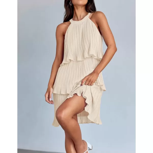 imageZESICA Womens 2024 Summer Halter Dresses Sleeveless Ruffle Tiered Layered Chiffon Pleated A Line Swing Mini DressApricot