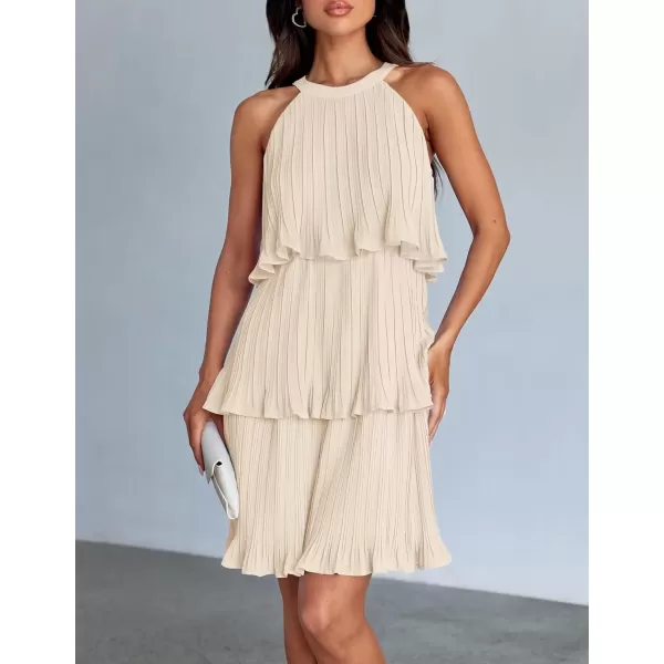 imageZESICA Womens 2024 Summer Halter Dresses Sleeveless Ruffle Tiered Layered Chiffon Pleated A Line Swing Mini DressApricot