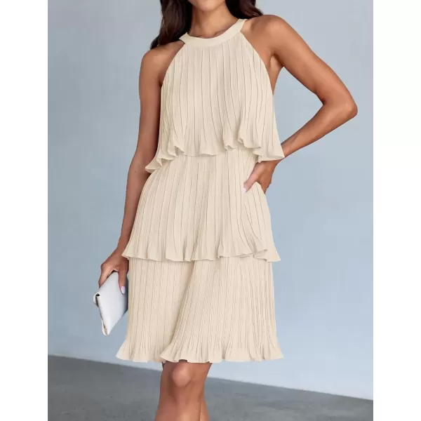 imageZESICA Womens 2024 Summer Halter Dresses Sleeveless Ruffle Tiered Layered Chiffon Pleated A Line Swing Mini DressApricot