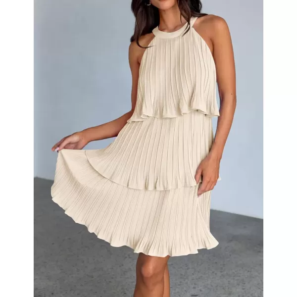 imageZESICA Womens 2024 Summer Halter Dresses Sleeveless Ruffle Tiered Layered Chiffon Pleated A Line Swing Mini DressApricot