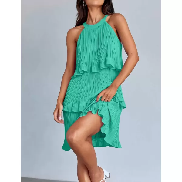 imageZESICA Womens 2024 Summer Halter Dresses Sleeveless Ruffle Tiered Layered Chiffon Pleated A Line Swing Mini DressAqua