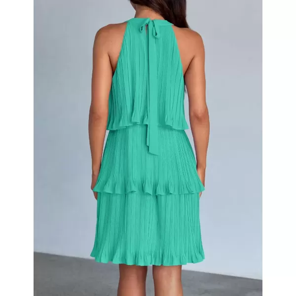 imageZESICA Womens 2024 Summer Halter Dresses Sleeveless Ruffle Tiered Layered Chiffon Pleated A Line Swing Mini DressAqua