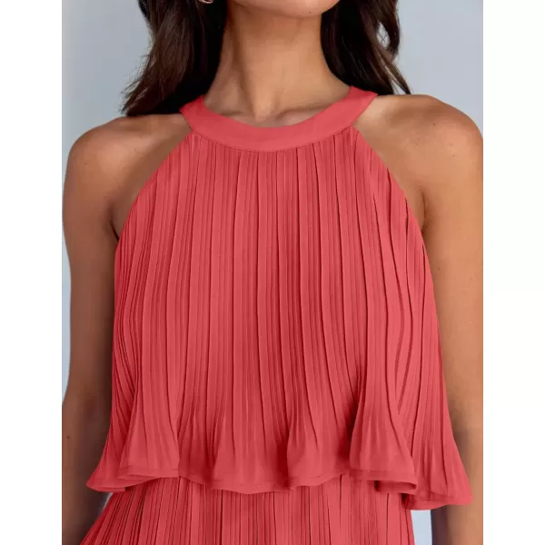 imageZESICA Womens 2024 Summer Halter Dresses Sleeveless Ruffle Tiered Layered Chiffon Pleated A Line Swing Mini DressCoral