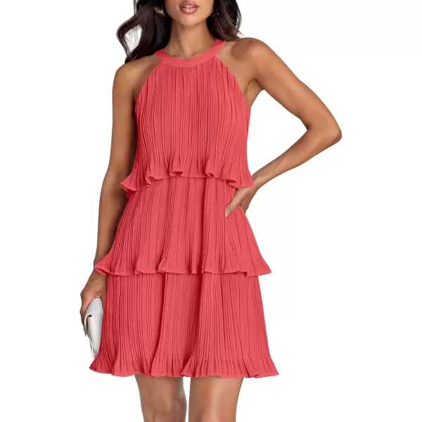 imageZESICA Womens 2024 Summer Halter Dresses Sleeveless Ruffle Tiered Layered Chiffon Pleated A Line Swing Mini DressCoral