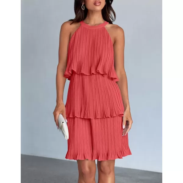 imageZESICA Womens 2024 Summer Halter Dresses Sleeveless Ruffle Tiered Layered Chiffon Pleated A Line Swing Mini DressCoral