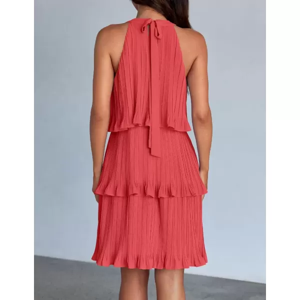 imageZESICA Womens 2024 Summer Halter Dresses Sleeveless Ruffle Tiered Layered Chiffon Pleated A Line Swing Mini DressCoral