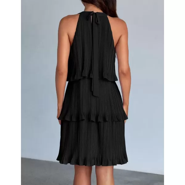 imageZESICA Womens 2024 Summer Halter Dresses Sleeveless Ruffle Tiered Layered Chiffon Pleated A Line Swing Mini DressDark Black