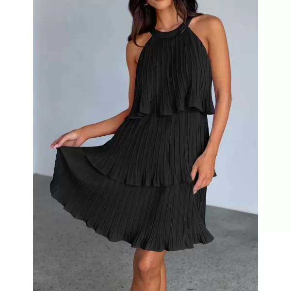 imageZESICA Womens 2024 Summer Halter Dresses Sleeveless Ruffle Tiered Layered Chiffon Pleated A Line Swing Mini DressDark Black