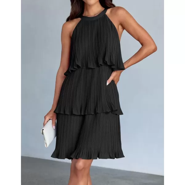 imageZESICA Womens 2024 Summer Halter Dresses Sleeveless Ruffle Tiered Layered Chiffon Pleated A Line Swing Mini DressDark Black