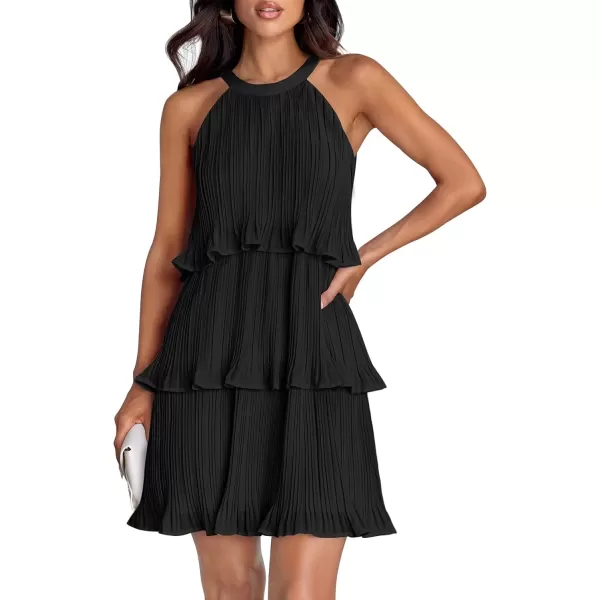 imageZESICA Womens 2024 Summer Halter Dresses Sleeveless Ruffle Tiered Layered Chiffon Pleated A Line Swing Mini DressDark Black