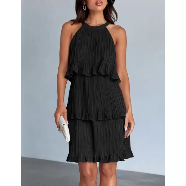 imageZESICA Womens 2024 Summer Halter Dresses Sleeveless Ruffle Tiered Layered Chiffon Pleated A Line Swing Mini DressDark Black