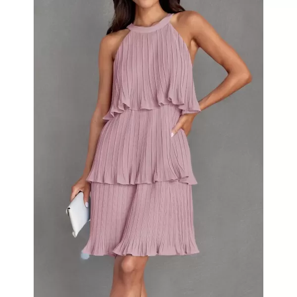 imageZESICA Womens 2024 Summer Halter Dresses Sleeveless Ruffle Tiered Layered Chiffon Pleated A Line Swing Mini DressDarkpink